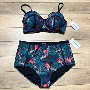 Swimsuits For All Tropical Palm Print High Waisted Bikini Size 1X